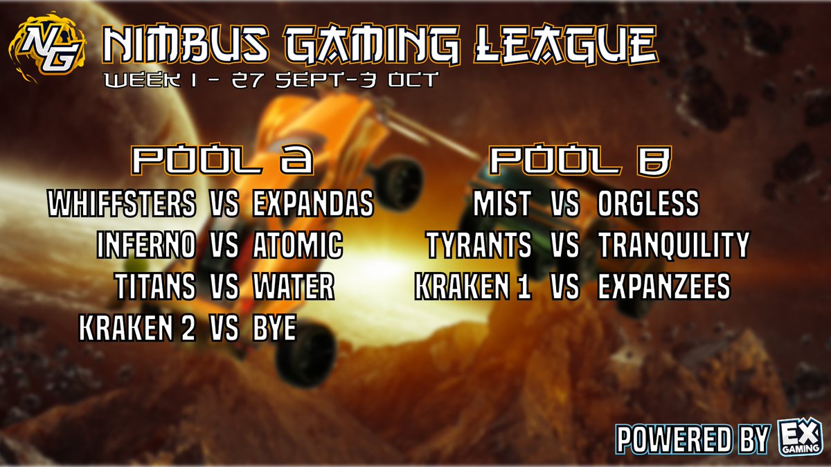 So it begins... here are your teams in pools as well as the first matches of the season! 

Teams will be given the whole week to complete their bo5 matches, stay tuned for our livestreamed games this weekend! ☁️