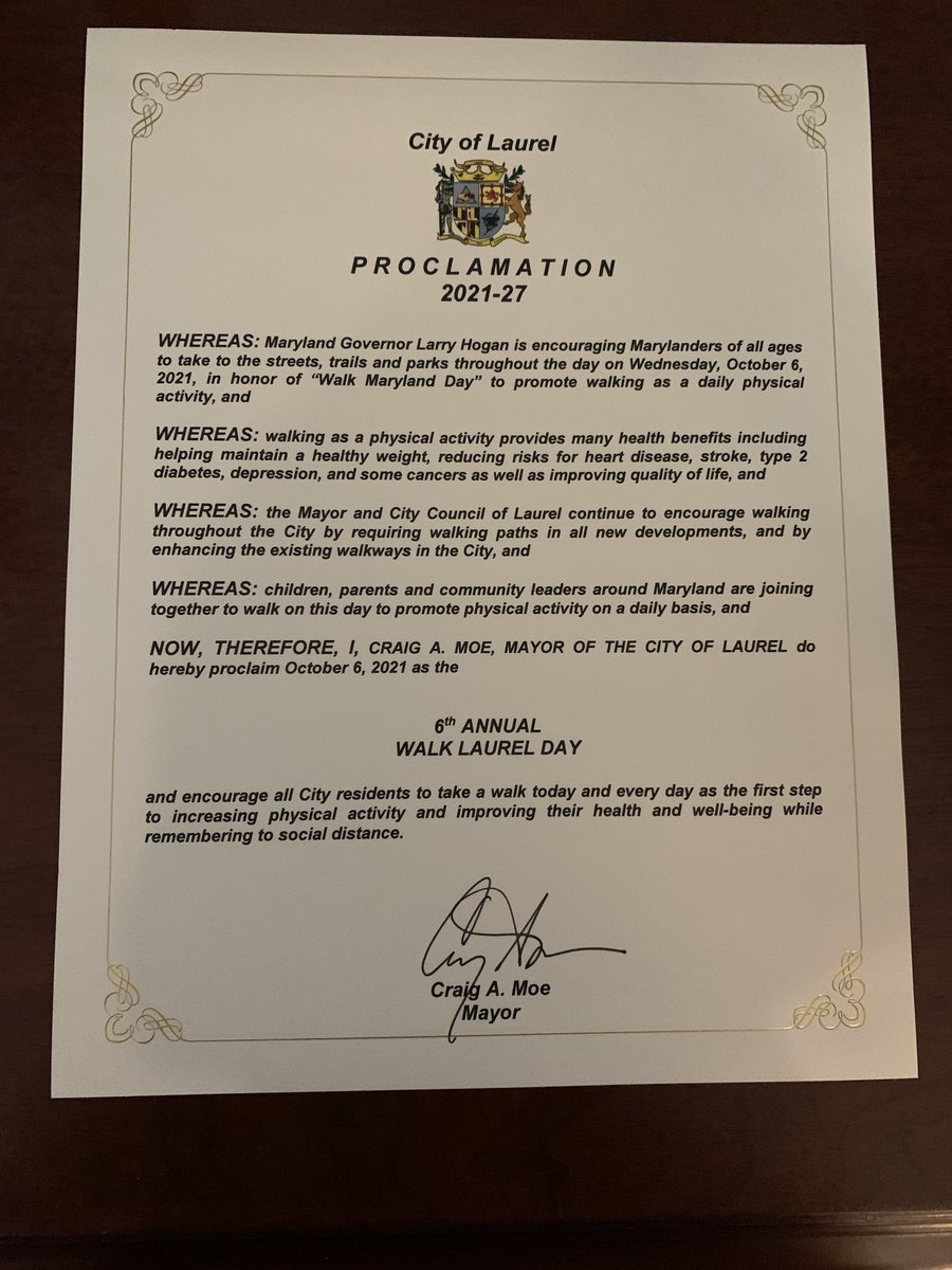 COSLaurelMD's tweet photo. Mayor Craig A. Moe has issued Proclamation No. 2021-27 in observance of October 6, 2021 as Walk Laurel Day in the City of Laurel. ⁦@LaurelMayor⁩ https://t.co/wnozic71WA