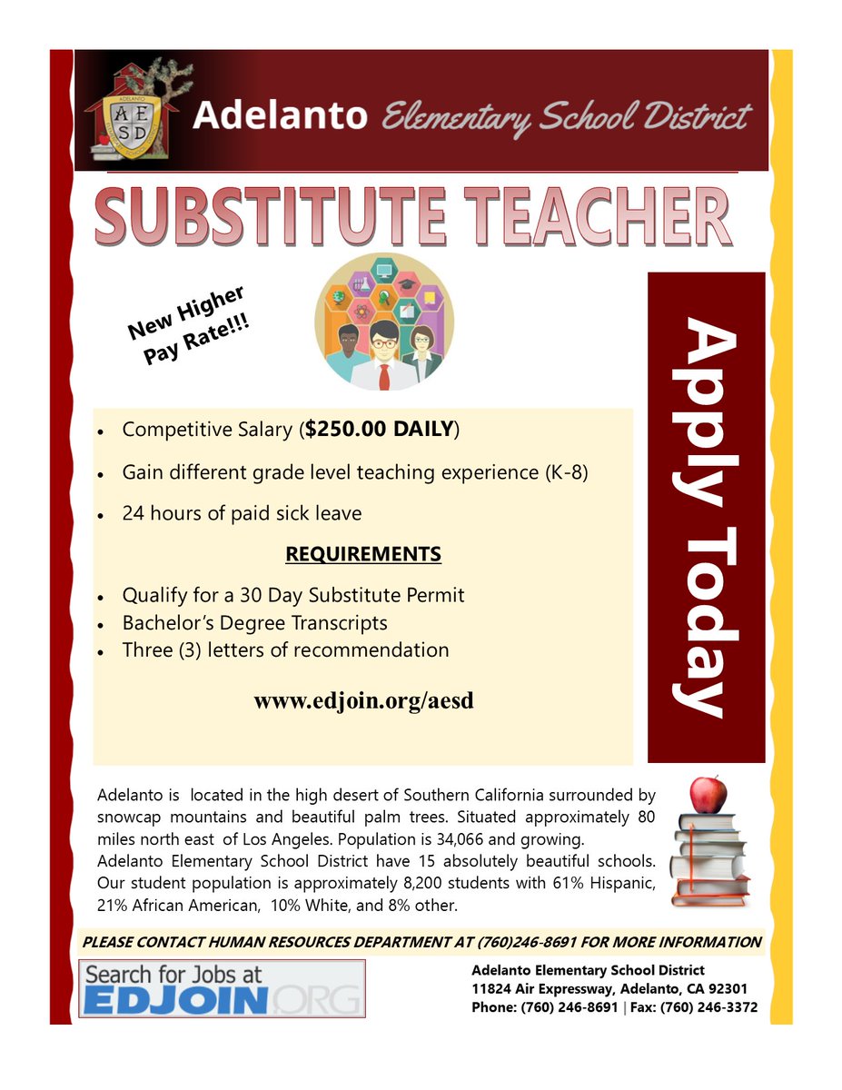 We are looking to hire “Resident Substitute Teachers.” Great opportunity! A RST is assigned to a school site each day of the school year and will be used to cover daily when the assigned teacher is out. Find all of our jobs on EdJoin - edjoin.org/aesd