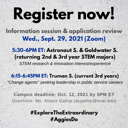 NCAT_EO's tweet photo. Sign up for #NCAT_EO's session (Wed., 9/29, 5:30-6:45PM ET)! 👉🏾https://t.co/2RxLOFq0fL

Agenda:
-The @AstroScholarFdn, #GoldwaterScholarship, and @TrumanApp programs
-Key application elements for the 5PM ET Oct. 12, 2021 campus deadlines

#ExploreTheExtraordinary #AggiesDo https://t.co/EpI1eCA3qp