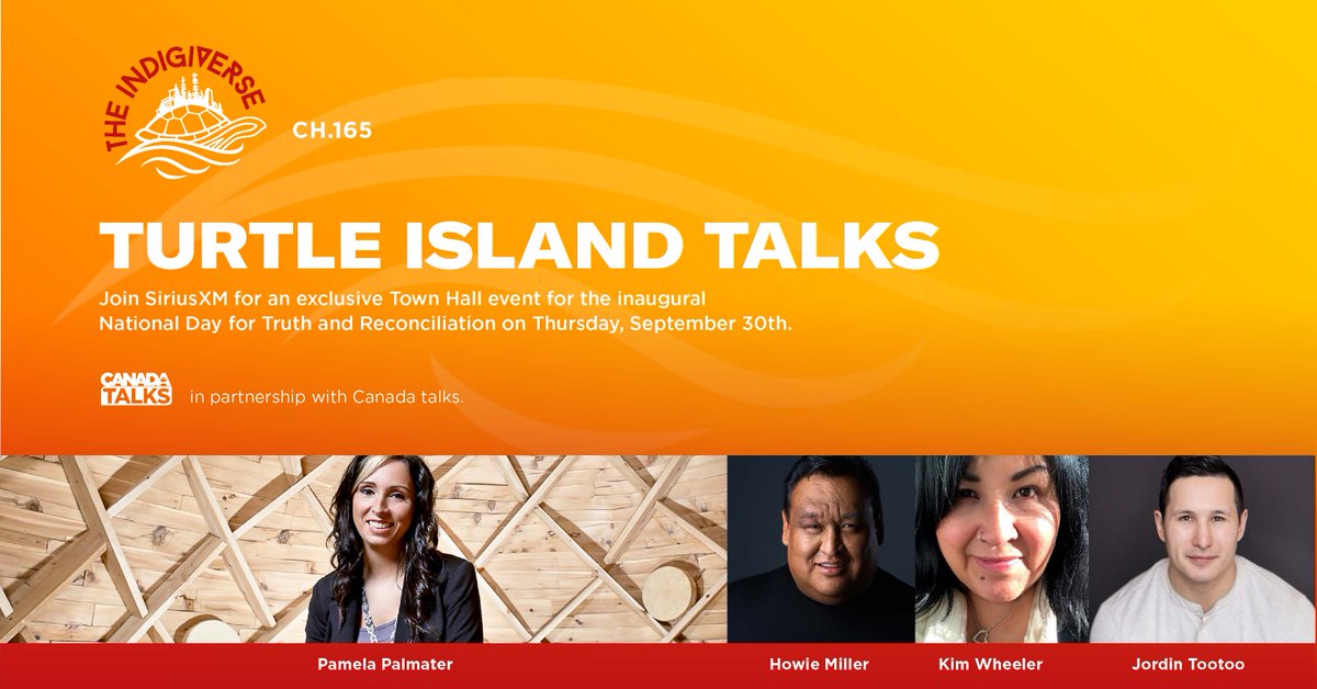 Indigiverse165's tweet photo. Join us this Thursday, Sept. 30th for a very special townhall event to recognize the inaugural National Day for #truthandreconciliation
We will be simulcasting #TurtleIslandTalks on The Indigiverse and SXM Canada Talks on SiriusXM Canada beginning at 10 a.m. ET. https://t.co/FhifA6DGXO