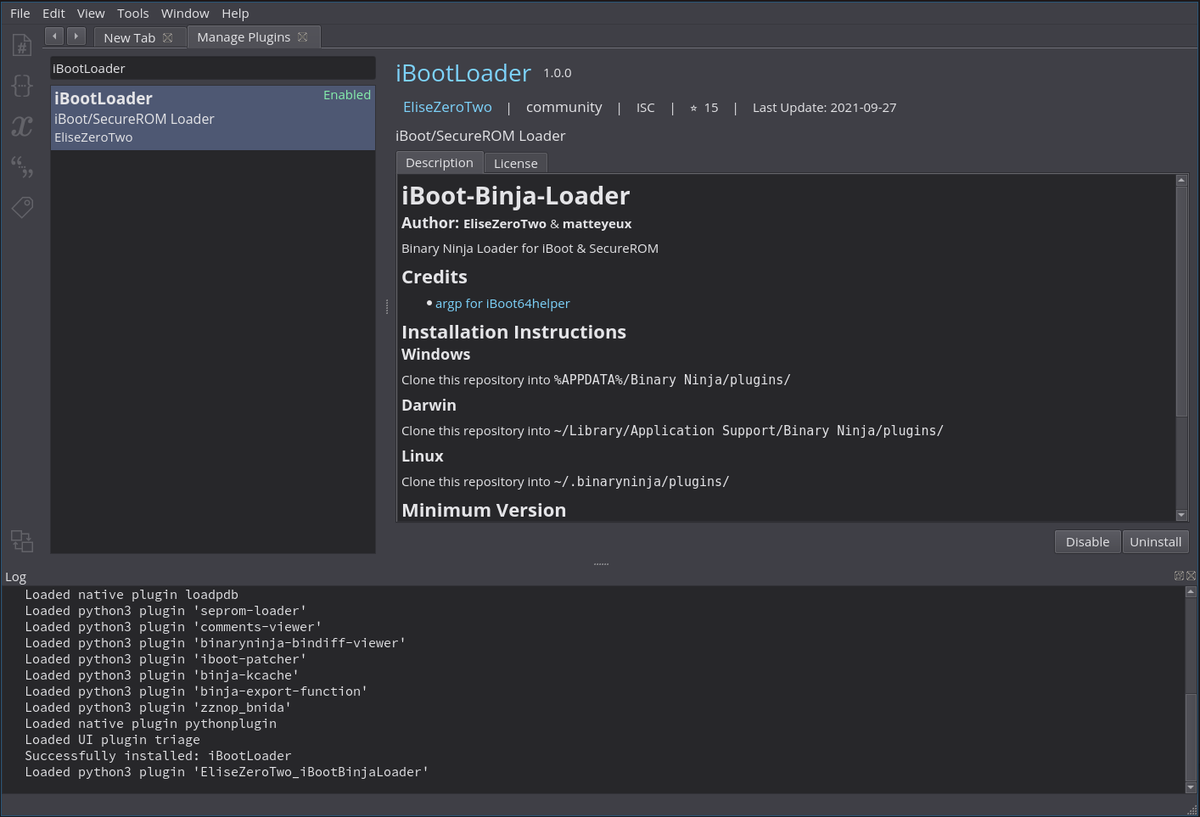 matteyeux's tweet photo. A new iBoot/SecureROM loader for Binary Ninja is available in the plugin manager 
cc @EliseZeroTwo 😁 https://t.co/7adhrOtgpH