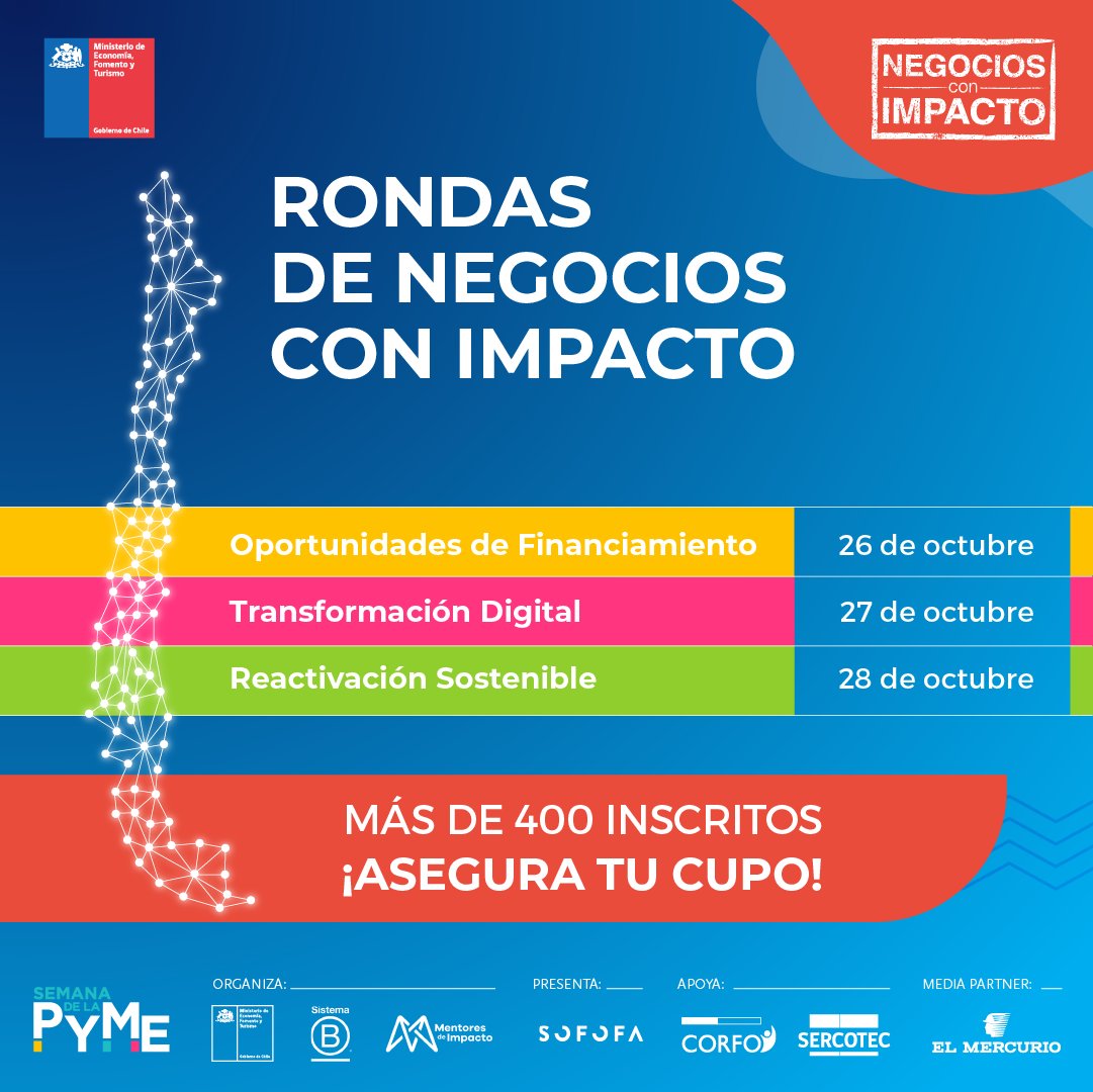 Desde la Seremi de Economía queremos invitarte a participar de la jornada de Rondas de Negocios con Impacto que se desarrollarán en el marco de la #SemanadelaPyme.
Te invitamos a postular de manera gratuita hasta el 11 de octubre. INSCRÍBETE AQUÍ: acortar.link/i5yb47