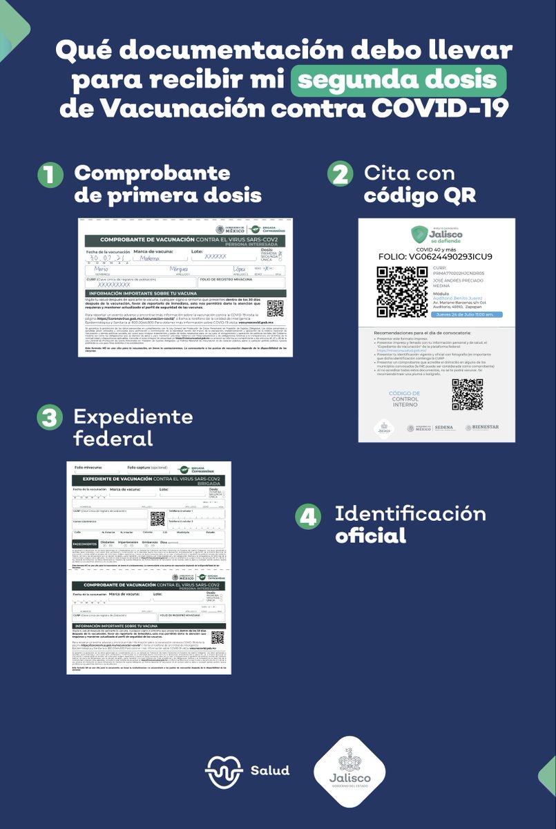 GobiernoJalisco's tweet photo. 💉 ¡Atención, Jalisco!

Si ya te toca recibir la segunda dosis de la vacuna contra el COVID-19, identifica qué documentos debes llevar el día de tu cita. 

De esta forma nos ayudas a mantener ágiles las jornadas y cuidar la salud de nuestro estado. https://t.co/kkQATcDLRI