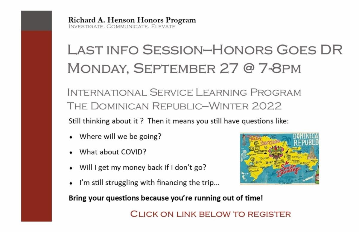 DR Service Learning trip winter 2022. Virtual Info session tonight 7 p.m.bit.ly/3hZqO2l. Check it out! One week left to sign up!