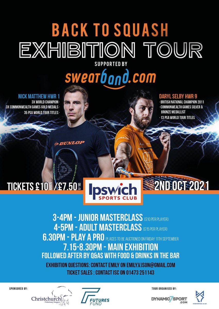 If you’ve not bought tickets yet, why not?? 🤪 Ipswich Sports Club is hosting English squash legends Nick Matthew and Daryl Selby Saturday evening in a back to squash exhibition. Get in touch with county head coach Emily Ison to book, this is one you won’t want to miss 🙌🏻