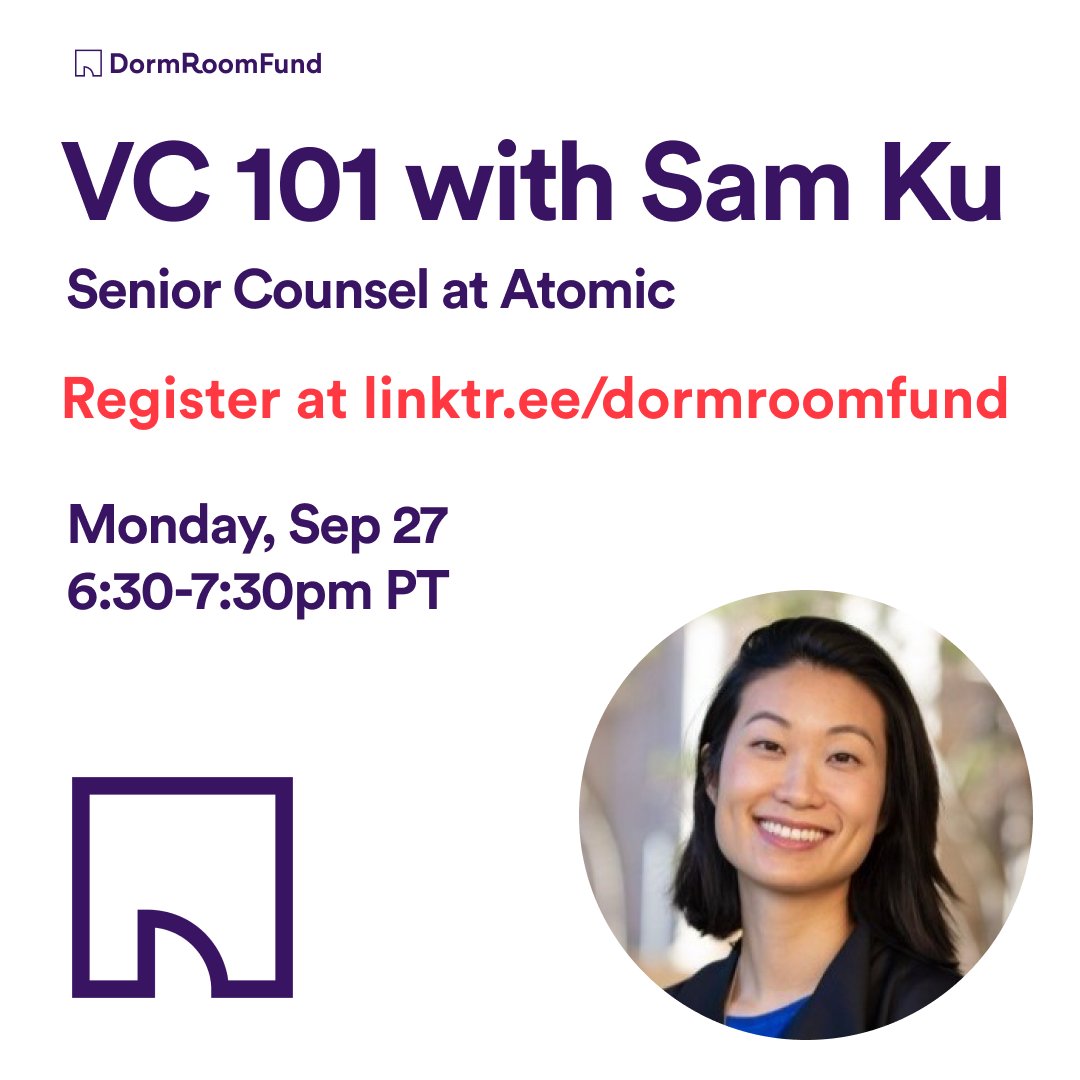 DormRoomFund's tweet photo. 🚨 VC 101 🚨 today with Samantha Ku of Atomic!
Join us at 6:30 PM PT from https://t.co/M2hdJc1ggi 🔗
See you there! 🕺 #studentvc #venturecapital https://t.co/x3t5ScLzhd