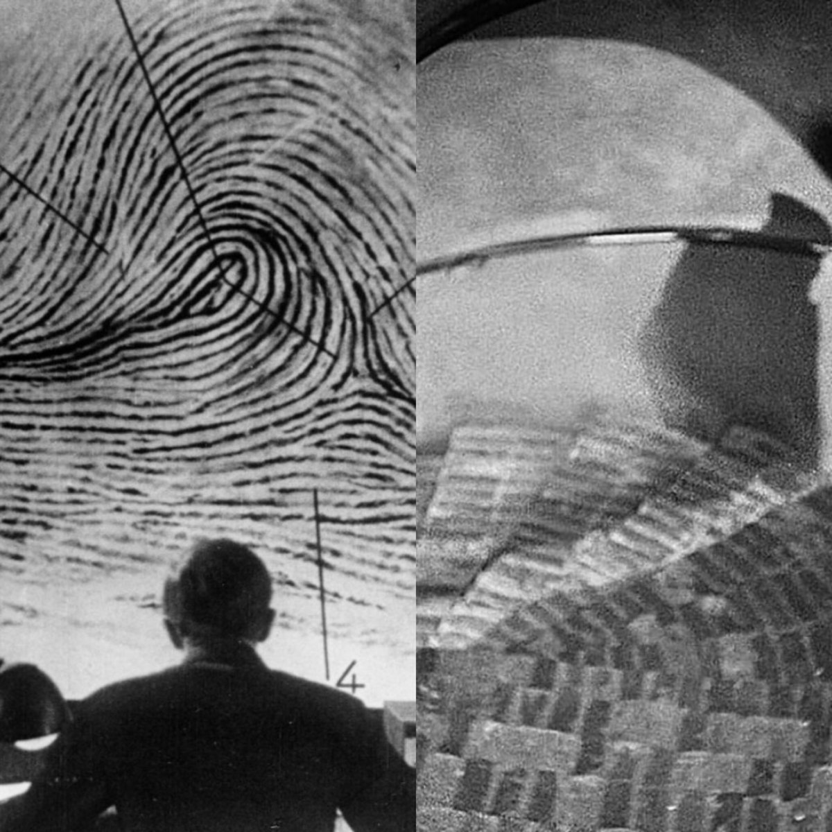 These two stills from Fritz Lang’s M (1931) are juxtaposed to exhibit how the authorities are just spirals away from catching the horrific serial killer. #CM316 #FilmHistory #Spiraling