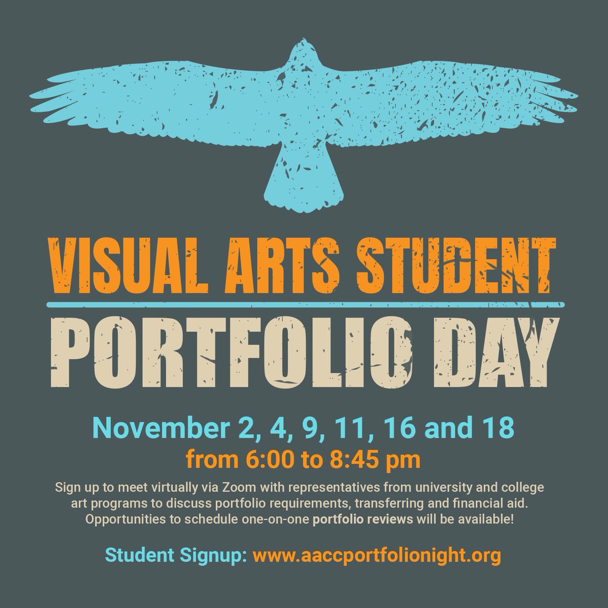 AACCprofJenn's tweet photo. Visual Arts Student Portfolio Night sessions are happening again this November! Free and open to the public - sign up now: https://t.co/XNP7r1ZSrT https://t.co/8IelBOKHXv