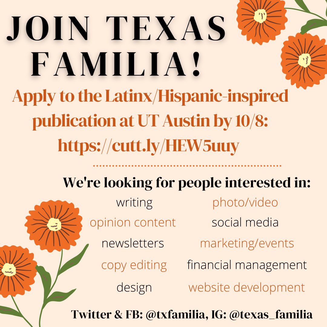 BIG NEWS: We're launching a Latinx/Hispanic-inspired publication at UT Austin!🤘

This fall, we'll release a magazine centered around 'family' in English, Spanish &amp; Portuguese. Apply by 10/8 at midnight here: cutt.ly/HEW5uuy

No experience required. RT to share the word!