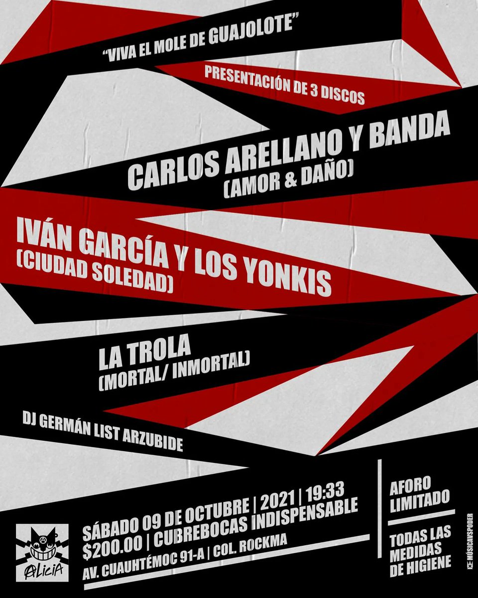 Querid@s: tres discos tres presentaremos en el emblemático Multiforo Alicia de la cdmx ;tres discos de tres agrupaciones poblanas;"Mortal/Inmortal" de La Trola, "Ciudad Soledad" de Iván García y Los Yonqui, y "Amor y daño" de Carlos Arellano y banda. Sábado 9 de octubre !Salud!