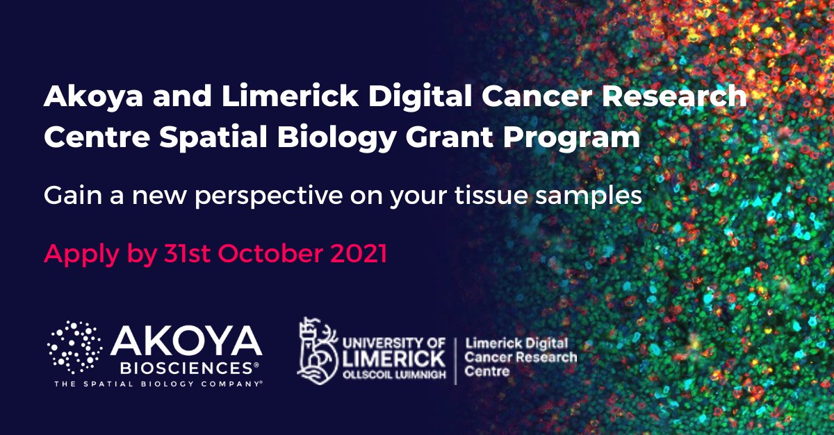AkoyaBio's tweet photo. We're pleased to sponsor this #grantprogram w/ #Limerick Digital Cancer Research Centre @UL to support #cancerresearchers in Ireland involved in deep immune profiling projects.
Apply by 31st October 2021: https://t.co/Fbl58jLG8k
#limerickcancerresearch #LDCRC #spatialbiology https://t.co/xBFB6ZaLay