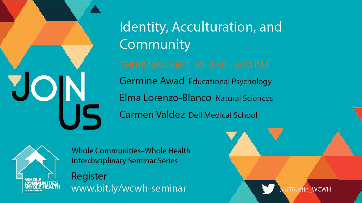 Identity, Acculturation, and Community — a Sept 30 webinar on their importance in understanding health issues and outcomes — will feature TexCEP steering committee members <a href="/Dr_GigiAwad/">Dr. Germine Awad</a> <a href="/utexascoe/">College of Education</a> and Elma Lorenzo-Blanco <a href="/TexasScience/">NaturalSciences @ UT</a>. bit.ly/3CwX2tt via <a href="/UTAustin_WCWH/">Whole Communities–Whole Health</a>