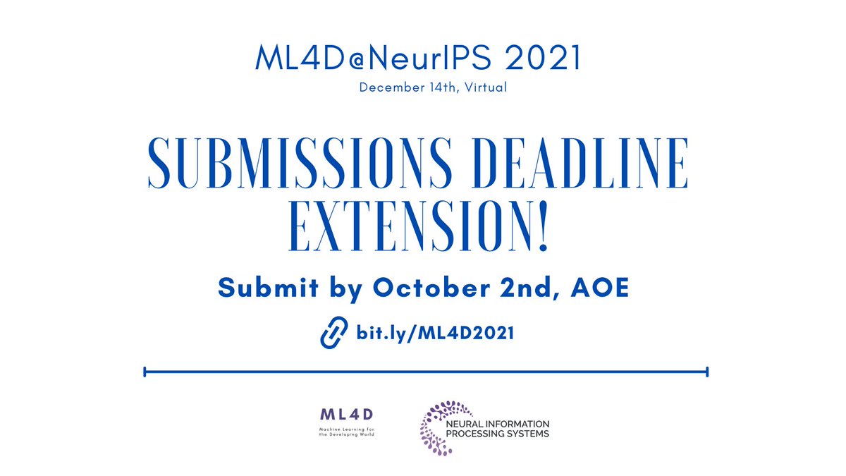 ML4Dworkshop's tweet photo. 📢📢Important announcement!
The deadline for submission has been extended by 1 week to October 2nd, the end of day AOE.

Those of you who have already submitted your work can make edits until the updated deadline🙌. https://t.co/56iiBV9D3B