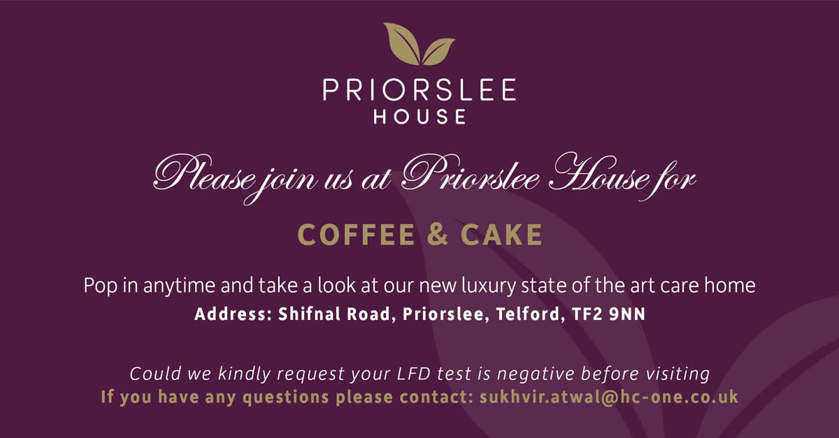 PriorsleeHouse's tweet photo. To our local community and neighbours of Telford and Priorslee, we would love to meet with you all and show you around our beautiful home. 

So come along and join us for a hot beverage and a slice of cake this week. 🍰
#Telford #Priorslee #Kindcare #carehomes https://t.co/n0uYYAWKkX