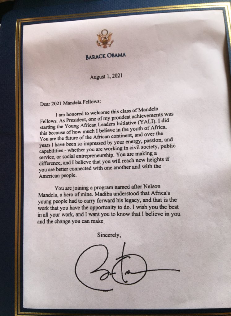 I was also privileged to receive a powerful inspirational letter from @BarackObama the great.
It’s very important becoz @WashFellowship is a flagship program of President Obama’s @YALINetwork @StateDept 
#ProudChangeMaker
#ProudAlumnaMWF #MWF2021
#ProudAlumnaPresidentialPrecinct