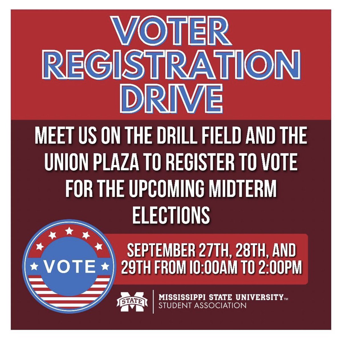 MSU_SA's tweet photo. Missed us today? We’ll be back on the Drill Field for the Voter Registration Drive tomorrow and Wednesday! Be sure to stop by between 10am and 2pm to get registered! https://t.co/UUMZndMx3P