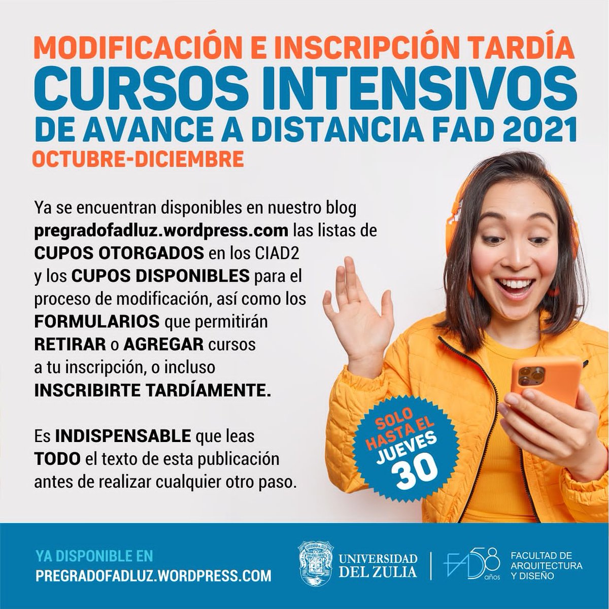 Estudiantes <a href="/FadLUZ/">FadLUZ</a> que inscribió o desea participar en los CURSOS INTENSIVOS DE AVANCE A DISTANCIA FAD 2021 OCT-DIC. Ya están abiertos los procesos de MODIFICACIÓN DE INSCRIPCIÓN e INSCRIPCIÓN TARDÍA. FORMULARIOS ACTIVOS HASTA 6 PM 30/9. Mayor información
instagram.com/p/CUVj9gClhQO/…