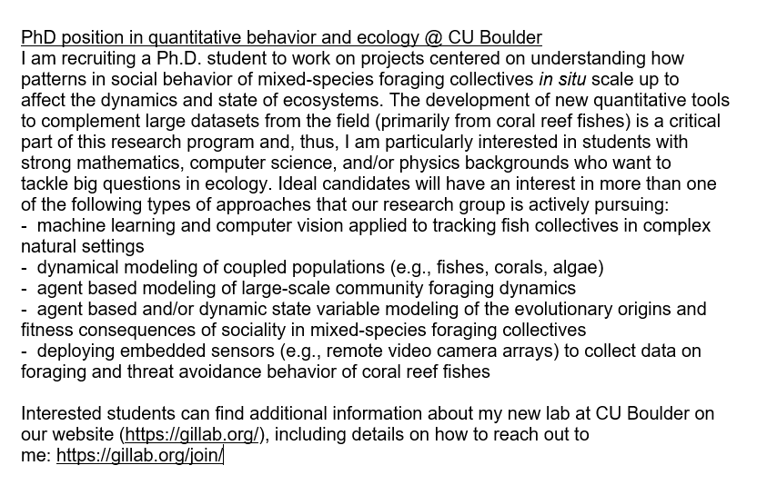 DrMikeGil's tweet photo. PhD position in quant. behavior/ecology @ CU Boulder. Please share widely! Interested students: https://t.co/u1YzNxAO8O #SorryForTheNeglectTwitter🙂 https://t.co/ENF2OjpjCG