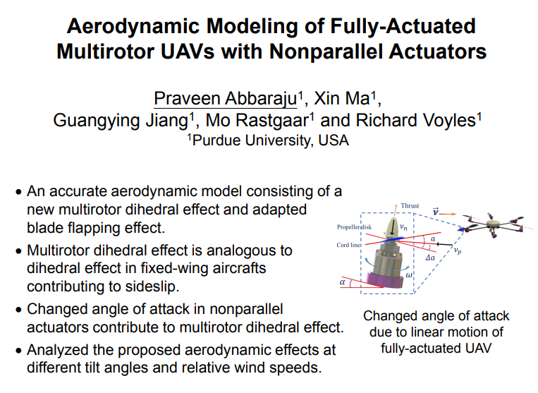 CrlPurdue's tweet photo. CRL today makes a splash at #IROS2021 with the ingenious work on a newly identified aerodynamic effect on multirotor #UAVs with canted actuators. A critical step in making #Aerial #manipulation viable for high precision applications! @LifeAtPurdue #Purdue #Robotics #RAS #IEEE https://t.co/tMTx19I0X1