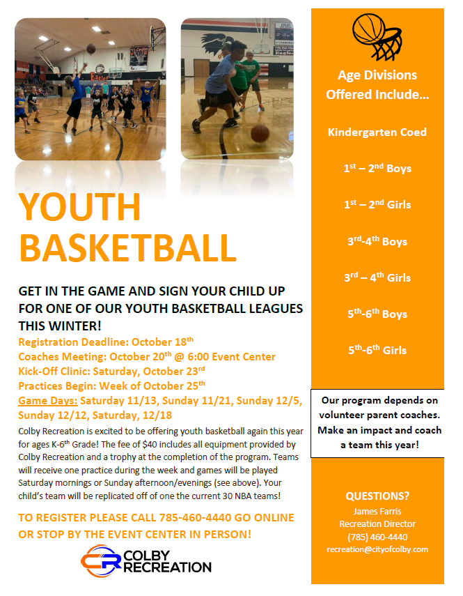 Registration is now open for Winter Youth Basketball Leagues through Colby Recreation! This year we will be offering leagues for grades Kindergarten - 6th grade. The deadline for registering is October 18th. See the attached flyer for more information!