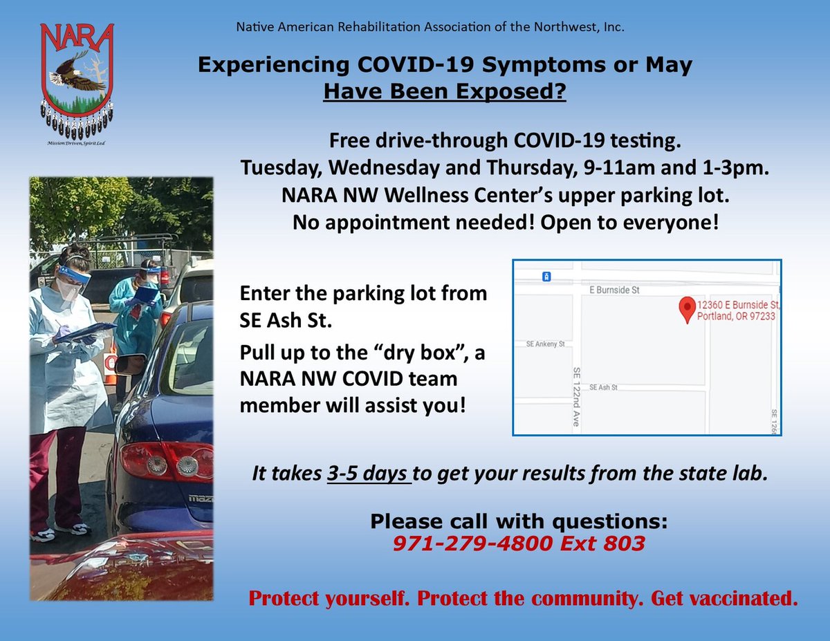 In need of a COVID-19 test? Here are some community-friendly options: 

NAYA’s been hosting FREE vax &amp; testing events the 1st Thur. of the month. The next round is Oct. 7. 

NARA Wellness Center. You can access drive-up testing on Tue, Wed, &amp; Thu.