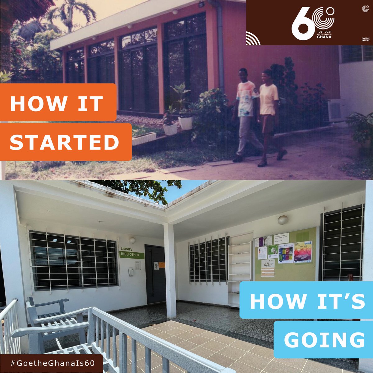 How It Started vs How It’s Going. 

A Picture of the Goethe-Institut Ghana Library (Exterior), back then vs How it looks now 🤩
#GoetheGhanaIs60
___
#goetheinstitutghana #goetheghana #german #deutsch #GoetheLibrary