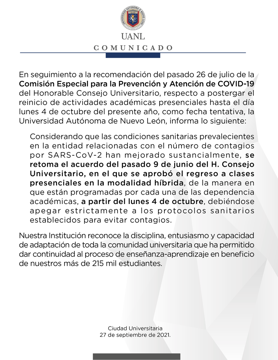 uanl's tweet photo. ⚠️ Aviso para la comunidad universitaria sobre el regreso a actividades académicas presenciales en formato híbrido:
#SomosUni https://t.co/V4xbxvmE2b