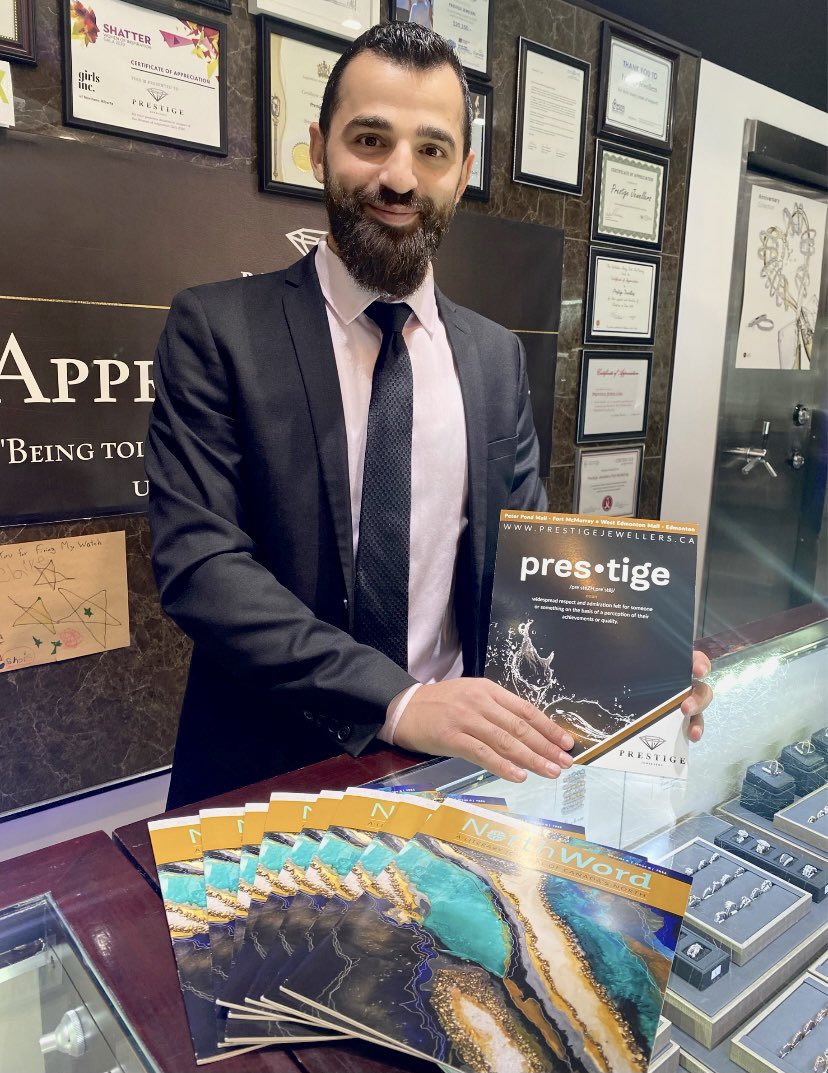 Today, we share our gratitude to Mohamed Tarrabin of Prestige Jewellers for partnering with us to publish 500 copies of our latest edition of NorthWord Magazine. If you would like to pick up Issue 24, pop into the store at the Peter Pond Mall. <a href="/ArtsCouncilWB/">Arts Council Wood Buffalo</a> @PeterpondMall #ymm