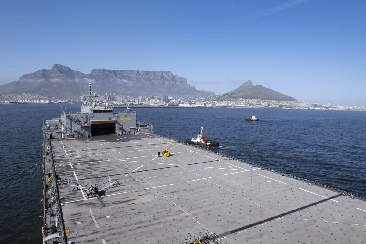 The Expeditionary Sea Base #USSHershelWoodyWilliams (ESB 4) pulls into port in #CapeTown, South Africa, Sept. 25, 2021.