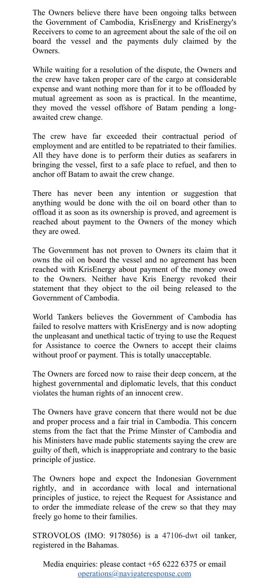 Dear <a href="/Reuters/">Reuters</a> <a href="/AP/">The Associated Press</a> <a href="/BBCWorld/">BBC News (World)</a> <a href="/PIB_India/">PIB India</a>, we humbly request the assistance of the global media to highlight the desperate plight of 19 innocent crewmen – they are at imminent risk of being extradited against their will from Indonesia to Cambodia. #FreeMTStrovolos