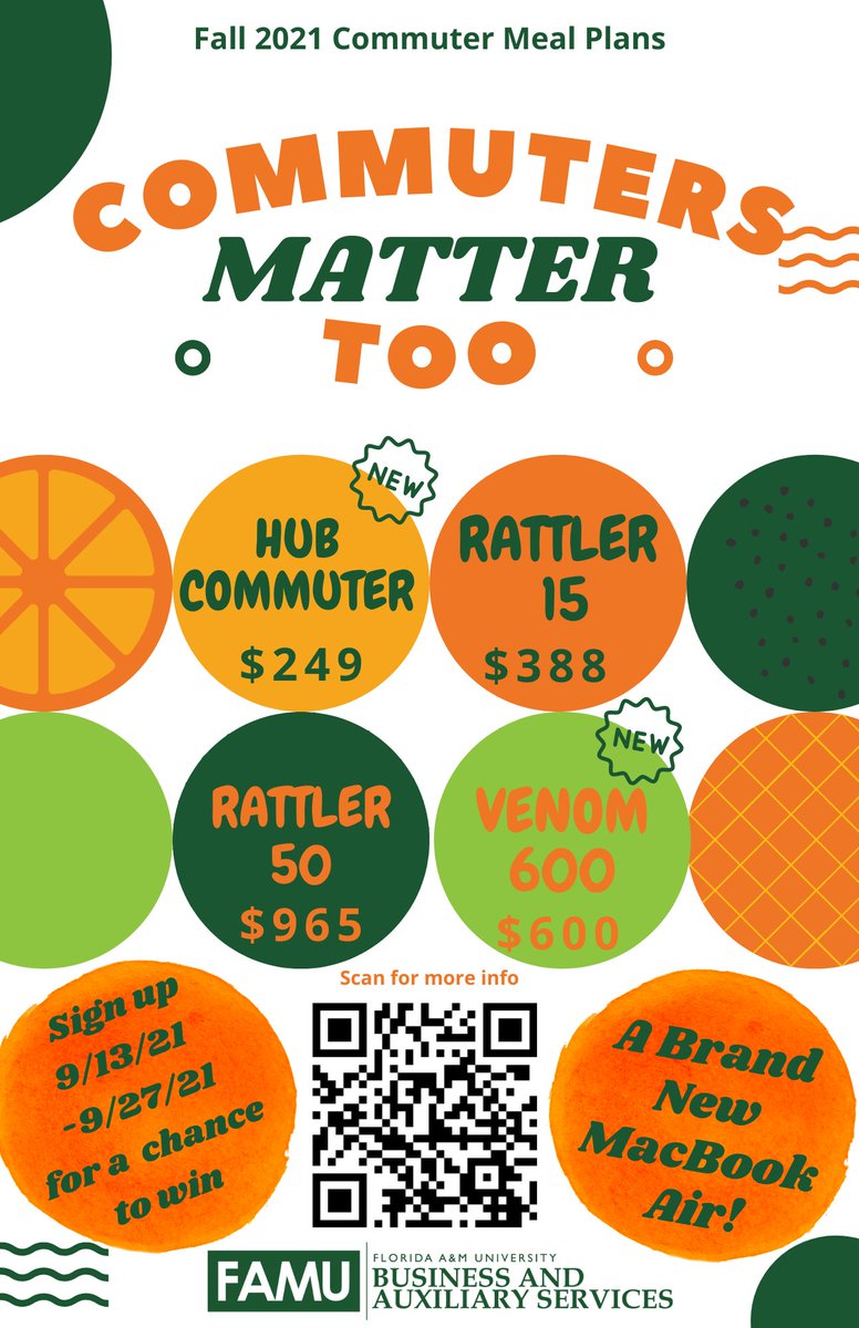 TODAY (9/27/21) is the final day for a chance to win a MacBook Air! Enroll in a Commuter Meal Plan 9/13/21 - 9/27/21 to be eligible for the drawing.