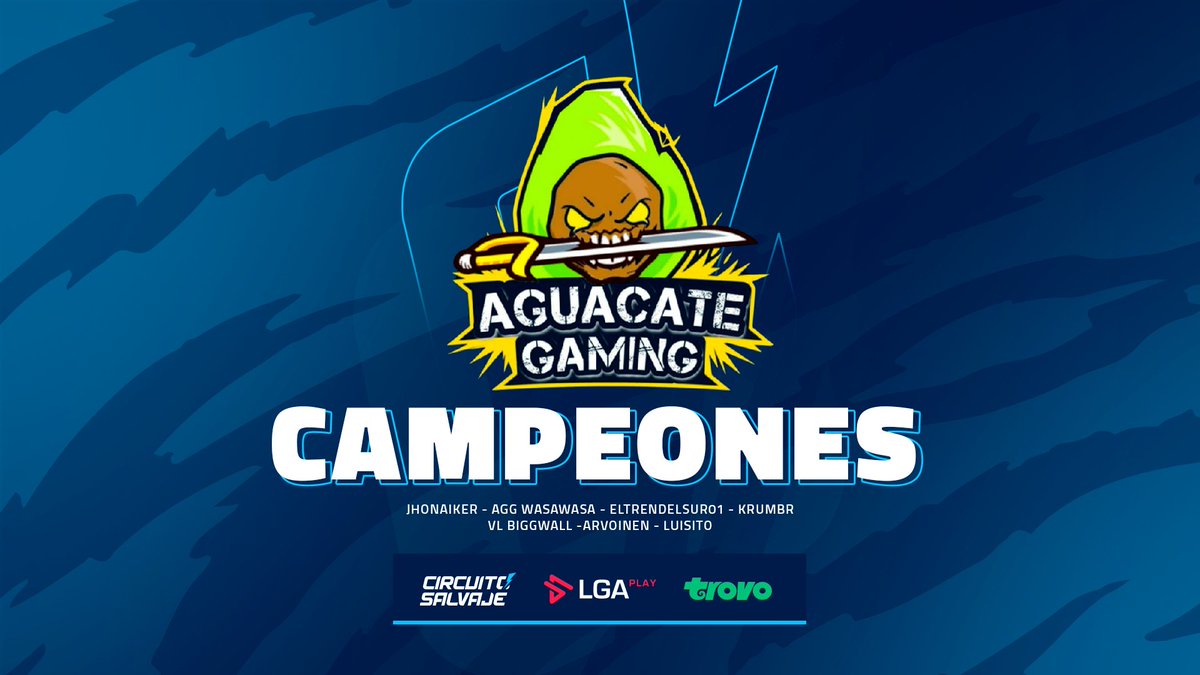 LGAplay's tweet photo. 🥑¡Campeones!🥑

@AguacatesGaming se consagra campeón del #CircuitoSalvajeWR 2da Edición, felicitamos a los jugadores por su gran desempeño.

También agradecemos a todos los equipos que participaron y esperamos verlos nuevamente👀

Sponsored by: @trovolive | @TrovoLatam https://t.co/oxtI9xVpeG