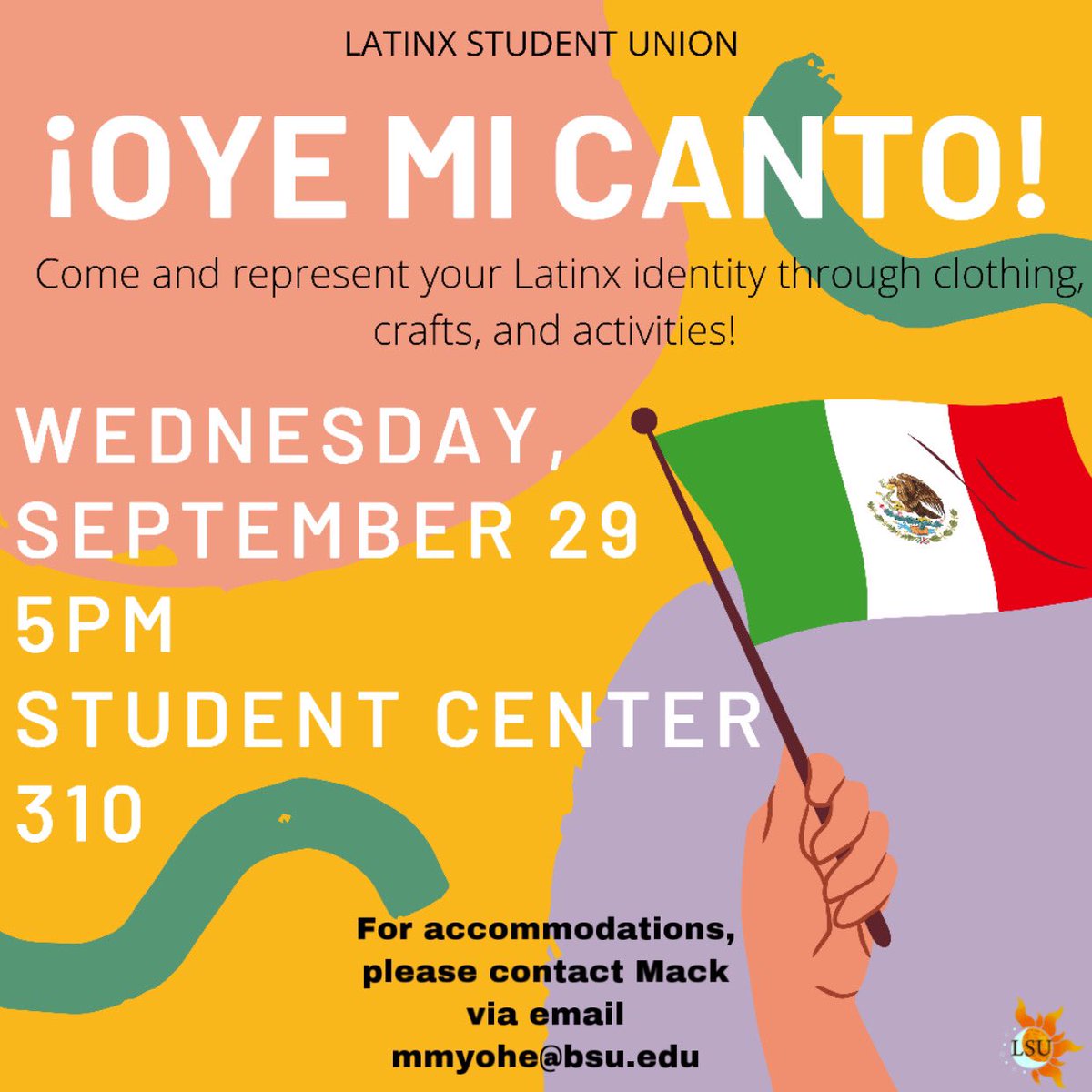 BallStateLSU's tweet image. ¡¡HOLA!! This week is Oye Mi Canto! We encourage you to come and represent your Latinx identity. There will be crafts + activities as well! Wednesday, September 29th 5PM at the Student Center 310. For accommodations, please contact Mack via email mmyohe@bsu.edu. ¡¡HASTA LUEGO!!💛