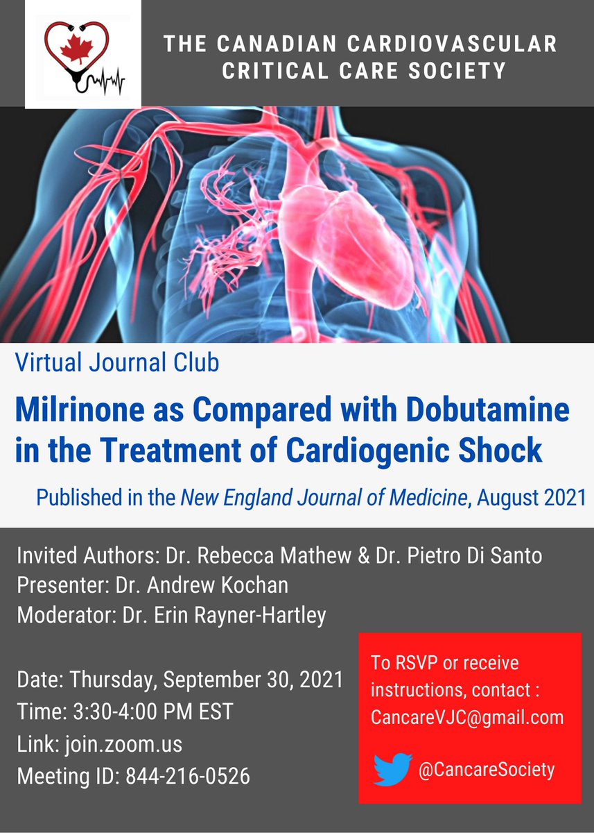 Lior Bibas🎗️ (@liorbibasmd) on Twitter photo Join us LIVE this Thur @ 3:30PM EST for a <a href="/CANCARESociety/">CANCARESociety</a> Virtual Journal Club, discussing <a href="/NEJM/">NEJM</a>'s Capital DoReMi Trial, comparing dobutamine to milrinone in #CardiogenicShock.
We'll be joined by 2 authors @RebeccaMathewMD & @DiSantoPietro from <a href="/UOHIResearch/">UOHI Research Services</a>🇨🇦
See details⤵️ Join us LIVE this Thur @ 3:30PM EST for a <a href="/CANCARESociety/">CANCARESociety</a> Virtual Journal Club, discussing <a href="/NEJM/">NEJM</a>'s Capital DoReMi Trial, comparing dobutamine to milrinone in #CardiogenicShock.
We'll be joined by 2 authors @RebeccaMathewMD & @DiSantoPietro from <a href="/UOHIResearch/">UOHI Research Services</a>🇨🇦
See details⤵️