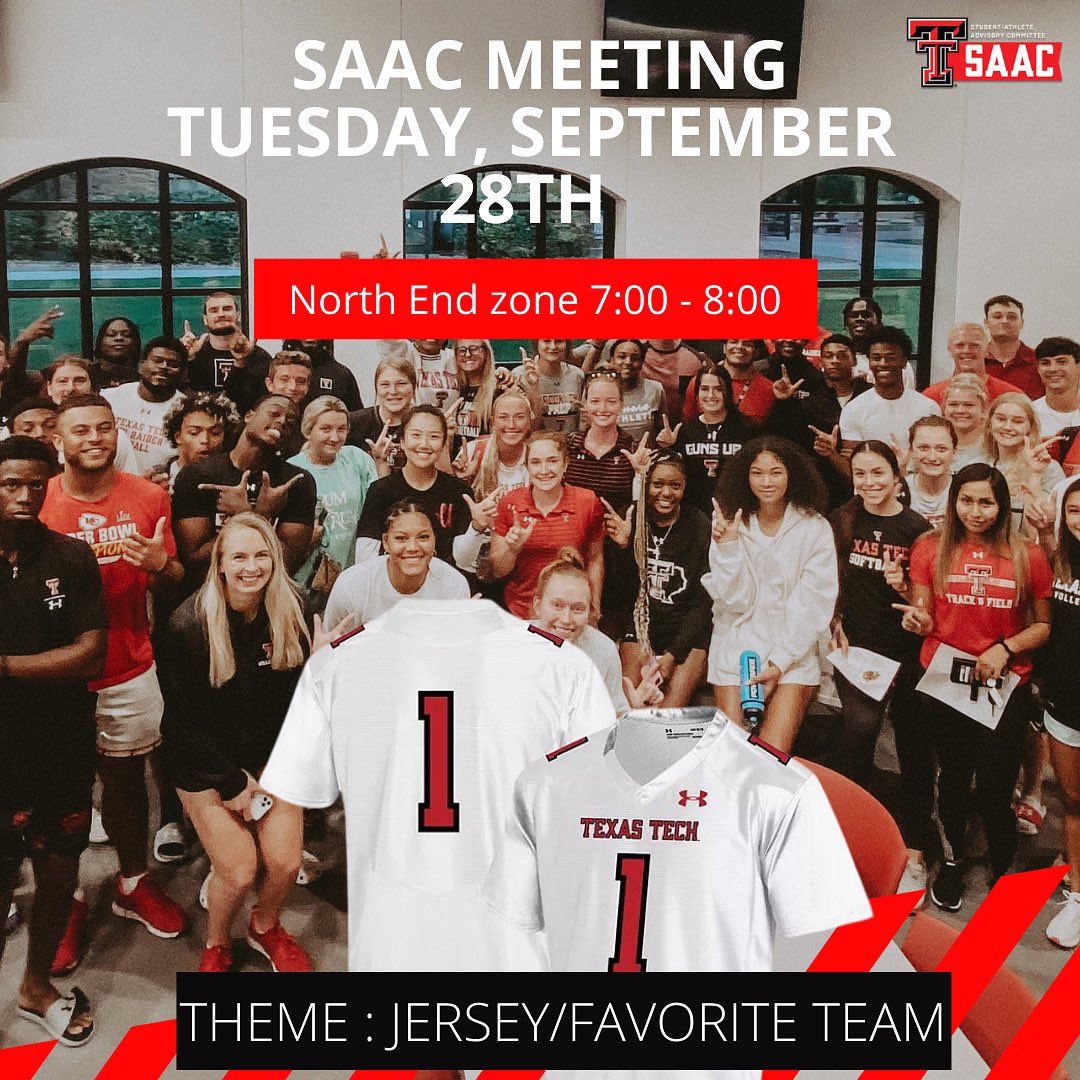 TexasTechSAAC's tweet image. 🔴🔴 TOMORROW 🔴🔴 
Open to all student-athletes! 
We cannot wait to have everyone together again tomorrow night! Don’t forget to wear a favorite jersey or favorite team shirt! 
➡️➡️ food is provided ⬅️⬅️
#ttusaac 
#TTUathletics