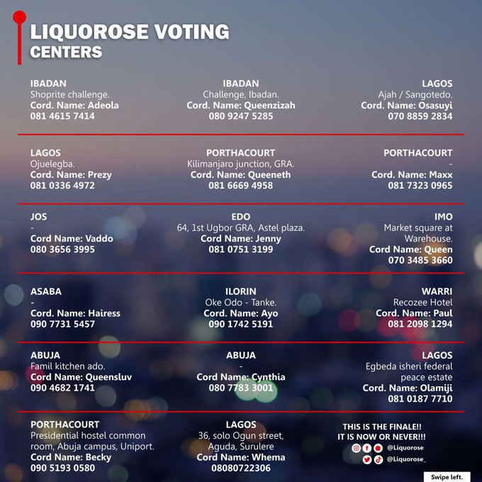 mayolamoomy's tweet photo. #BBNaija 

VOTING CENTERS!! Liquolions!! https://t.co/NBFsLONg2b
