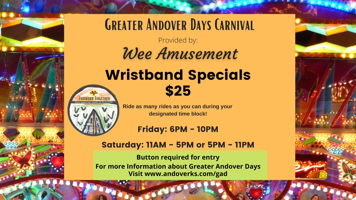 We're happy to announce that we will be having a carnival again this year and we will be offering wristband specials.  For more information about all of our Greater Andover Days events, go to andoverks.com/gad