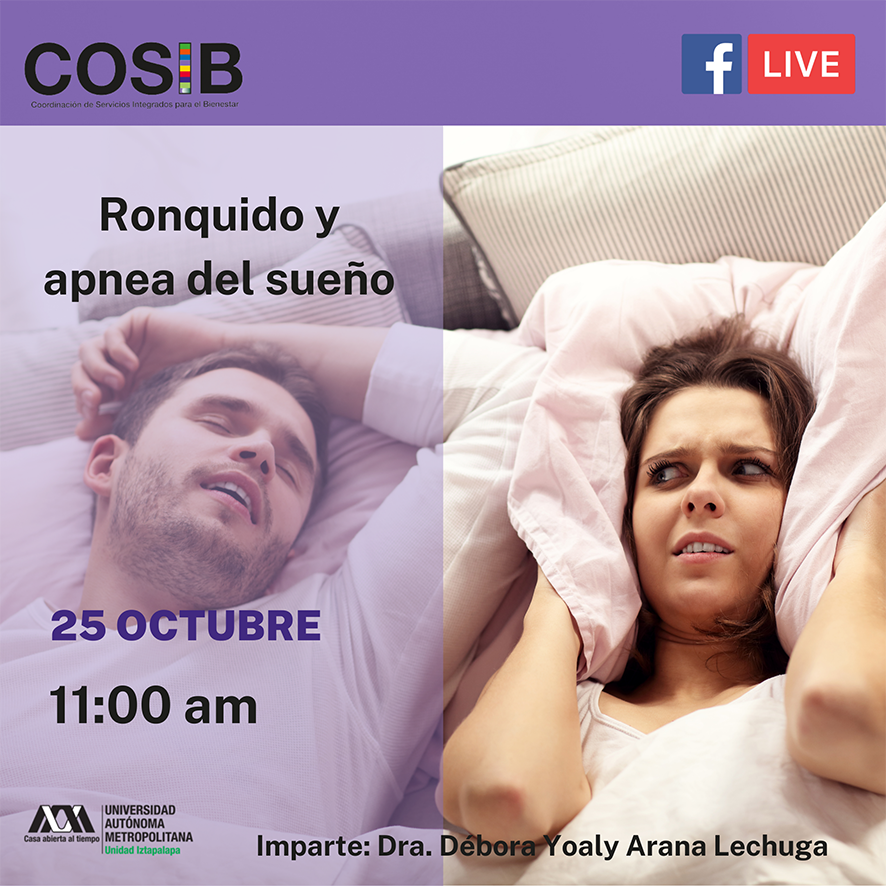 lauammx's tweet photo. ¿Te han dicho que #roncas y que dejas de respirar por algunos segundos mientras estás dormido? ¡Cuidado! Este trastorno del sueño pone en riesgo tu vida. #ClínicaDeSueño #UAM Transmisión: Octubre 25, 11:00 hrs. Liga de acceso https://t.co/ruIrZOGhHz 5541406978 ctds@xanum.uam.mx https://t.co/PUhhDLgrH4