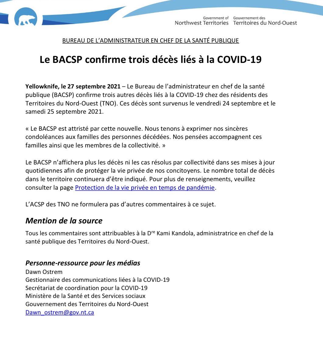 Trois autres personnes sont mortes des suites de la COVID-19 aux T.N.-O. vendredi et samedi. Au total, 5 personnes sont décédées de la pandémie au territoire, tous au cours des 35 derniers jours. #icign