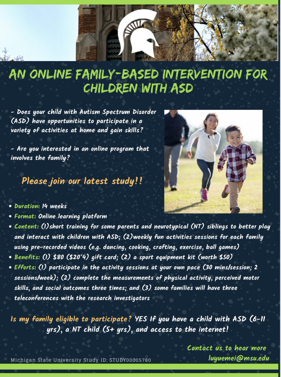 Hello wonderful families, if you have a child with ASD (6-11 yrs) and a neurotypical child (5+ yrs), your family is eligible to participate our online intervention. Please feel free to reach out to luyuemei@msu.edu for more information and share it with any interested families❤