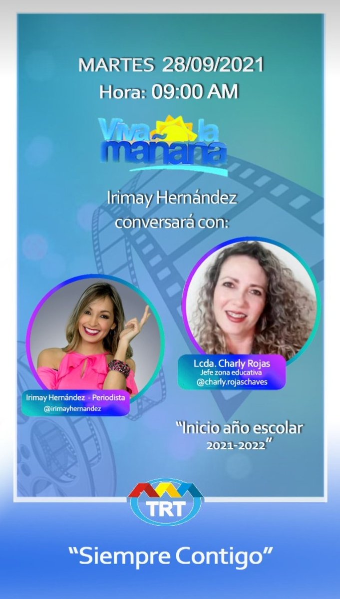 Mañana a las 9:00am Jefa <a href="/charlychaves/">Charly Rojas Chaves</a> estará participando en el Programa "Viva la Mañana", con <a href="/Irimayhernandez/">Irimay Hernandez</a> por la Televisora Regional del Táchira
#TRT sobre el inicio del año escolar 2021-2022 #Táchira 
#EnVivo 
#DevuelvanMonomeros