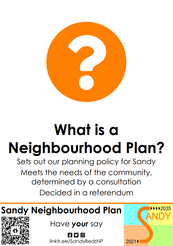 SandyBedsNP's tweet photo. What is a Neighbourhood Plan?

It sets out the planning policy for Sandy; meeting the needs of the community. These needs are based on a consultation and the plan decided in a referendum. https://t.co/aiM5tXkaxB