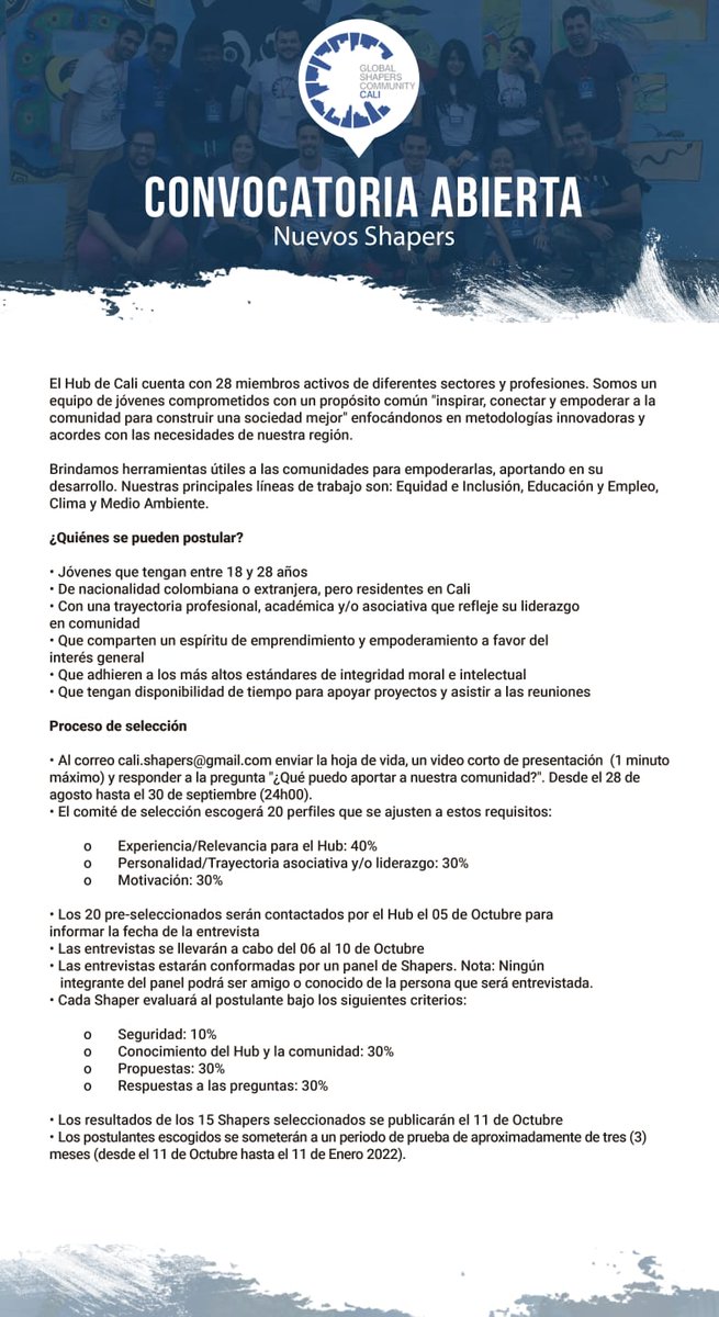 Te gusta trabajar en proyectos sociales en pro de la ciudad de Cali?, tienes proyectos en mente que quisieras impulsar? te gustaría únirte a un grupo de jóvenes que quieren transormar la sociedad? Desde Global Shapers invitamos a participar de esta convocatoria  ¡L@s esperamos!