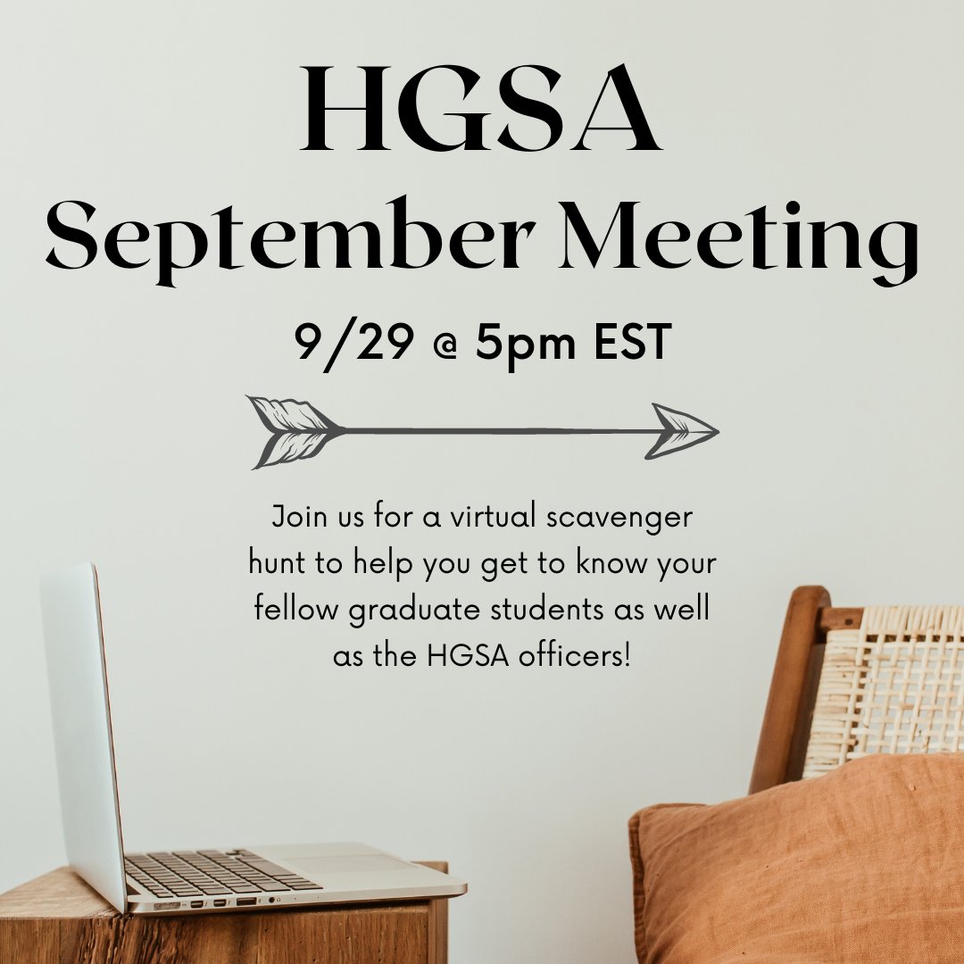 WaynestateHGSA's tweet photo. HGSA will be having its Sept monthly meeting this Wednesday (9/29) @ 5pm EST! There will be a virtual scavenger hunt to help everyone get to know each other :) Hope to see new faces! https://t.co/w1jCpZu8Bg