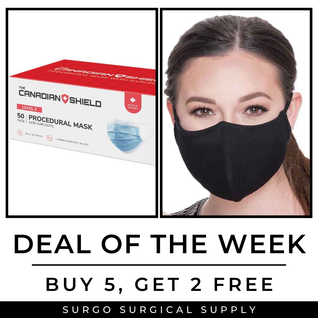 SurgoSurgical's tweet image. Deals for this week only! You can receive 2 FREE Reusable Face Masks when your order 5 or more of the Canadian Shield Level 2 Medical Earloop Mask. Click hubs.ly/H0Yfqgn0 to access this promotion. #earloopmask #facemask #reusablefacemask #washablefacemask #medicalsupplies