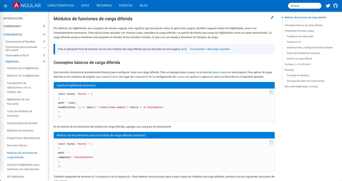 ¡La sección de Lazy Loading NgModules (Módulos de funciones de carga diferida
P) de Angular ya está disponible en español!
docs.angular.lat/guide/lazy-loa…

¡Muchas gracias a <a href="/armandorn101/">Armando Rivera</a> por esta traducción!

y Gracias a: <a href="/nicobytes/">Nicolas Molina</a> por la exhaustiva revisión de este documento.