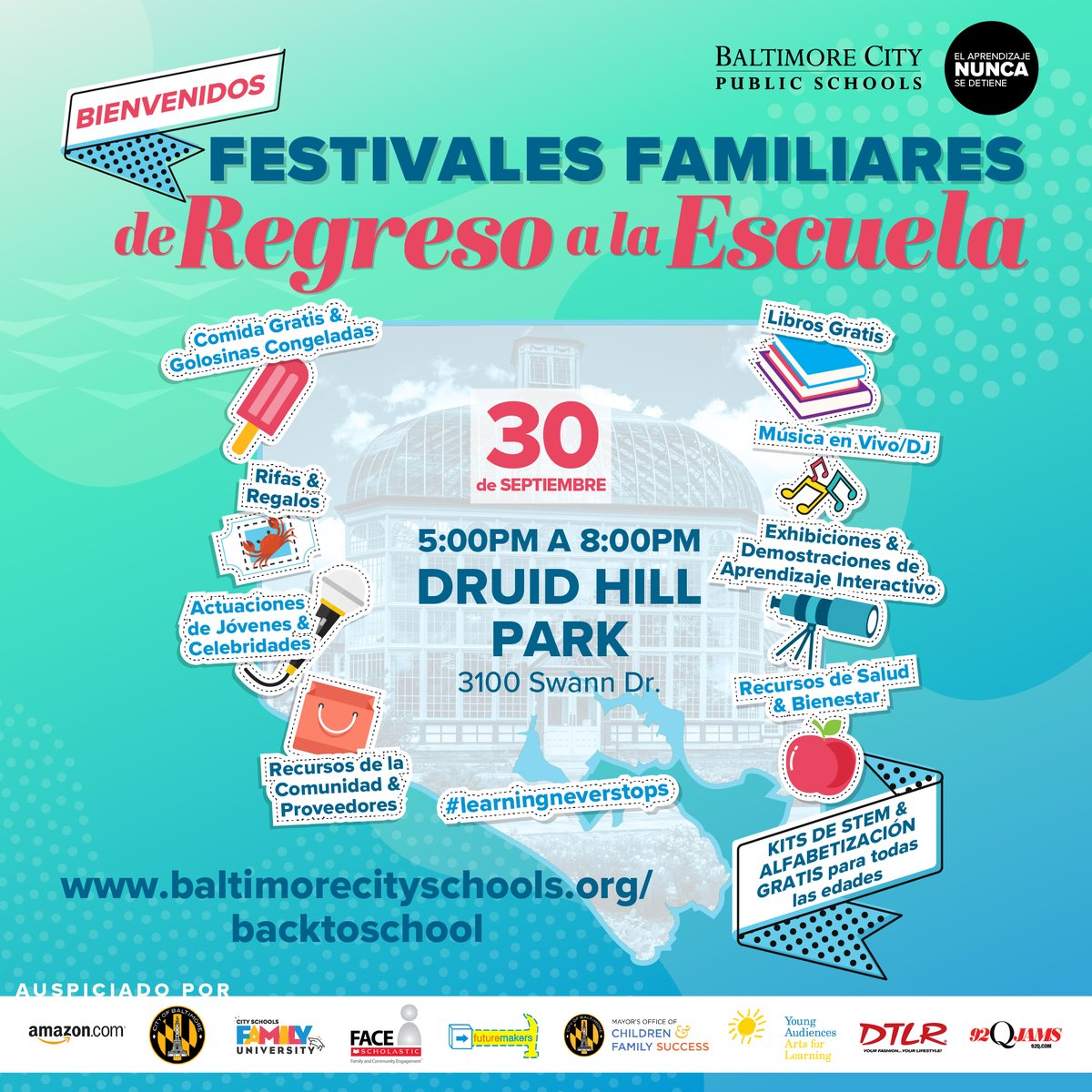 We're inviting all students, families, and community members to prepare for the 2021-22 school year by joining us at our next Back to School Family Festival!

📅 Thursday, Sept. 30

🆘 For more information or questions, please email engagement@bcps.k12.md.us or call 410-545-1870