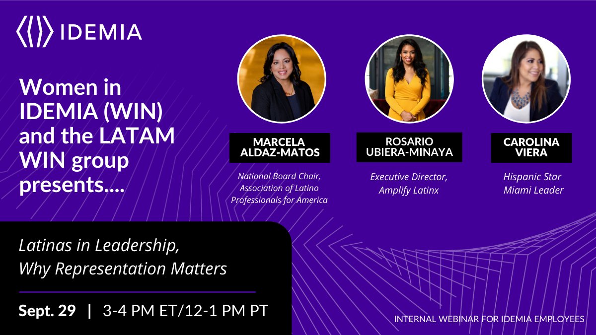 IDEMIA employees: In honor of #HispanicHeritageMonth, join the Women in IDEMIA Network (WIN) as they host an amazing panel of Latinas in leadership, featuring <a href="/Maldaz9/">Marcela Aldaz-Matos</a> <a href="/MinayaUbiera/">Rosario Ubiera-Minaya</a> <a href="/CaroVeira/">Carolina M. Veira</a>. For more info, email WIN@us.idemia.com. #LatinaLeaders #WINIDEMIA <a href="/EnnaLaUnica/">Enna Jimenez</a>